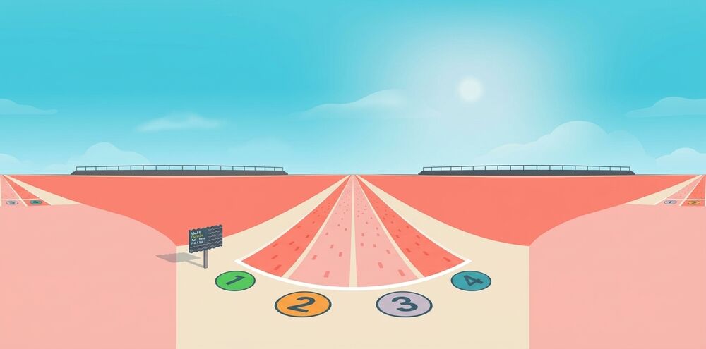 A 360-degree panoramic image of the race track: a bright blue sky with soft clouds and a hazy sun above coral-colored running lanes, with numbered starting circles 1 through 4 in the foreground.
